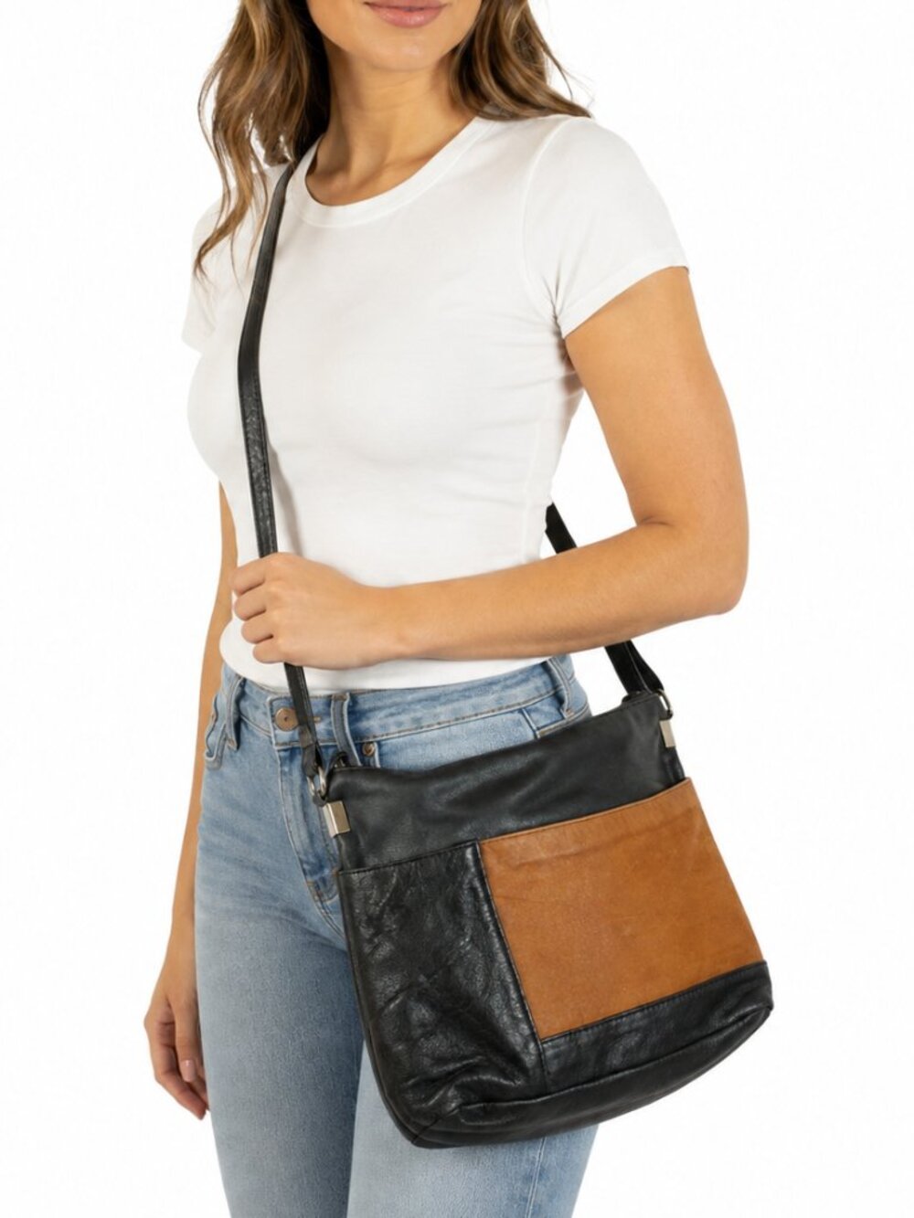 BRIXTON Leather Crossbody Purse Black Brown Colorblock Vintage Shoulder Bag